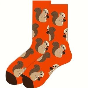 Orange Squirrel Patterned Socks, NEW